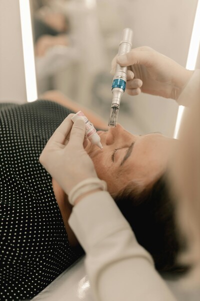 A woman receiving microneedling treatment to help rejuvenate her skin
